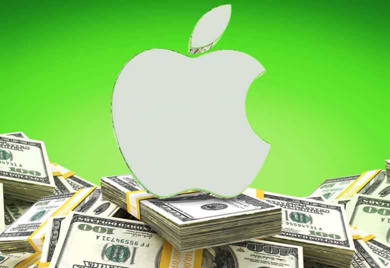 Big pile of cash underneath an Apple logo.
