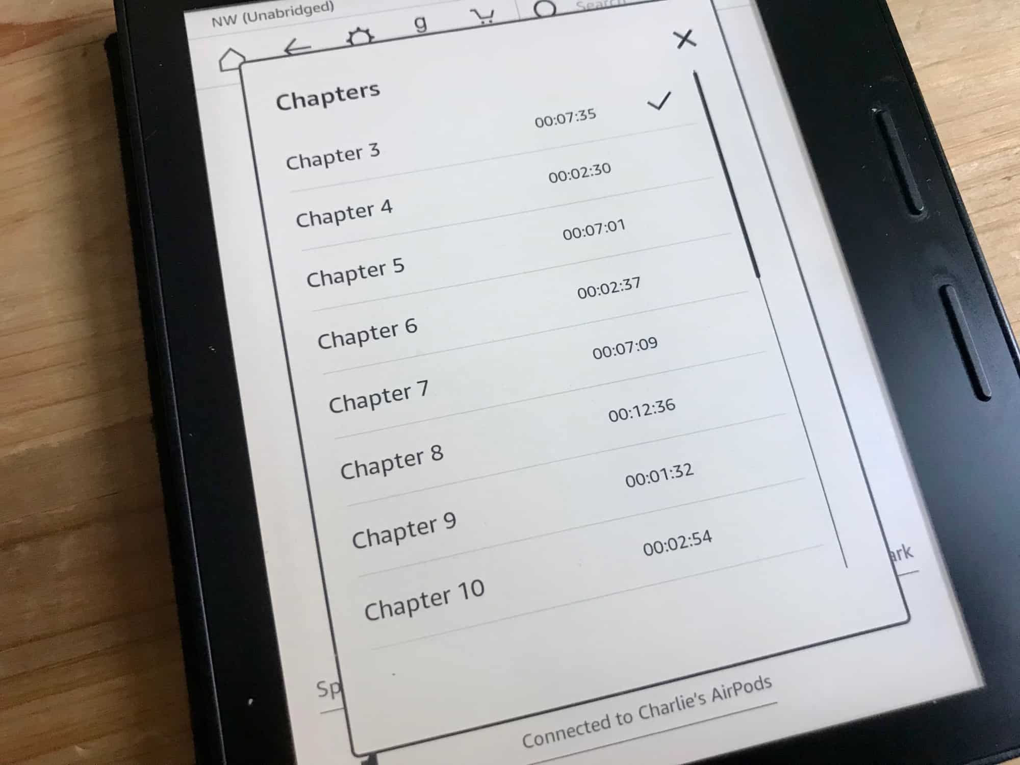 Kindle Oasis' chapter selection screen.
