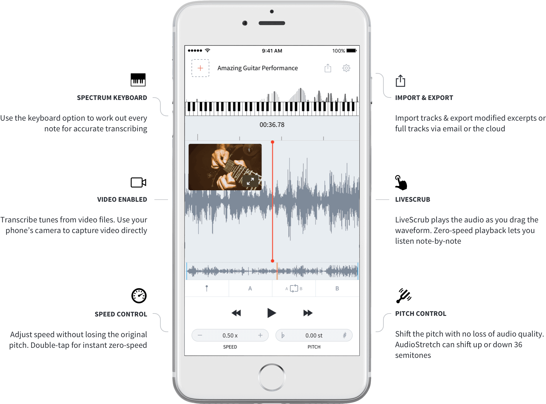 The AudioStretch audio transcription app works for videos, too.