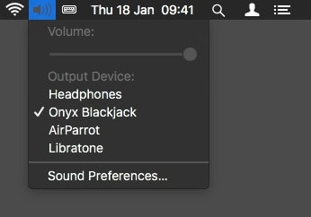 The familar volume menu item lets you select an output device for audio.