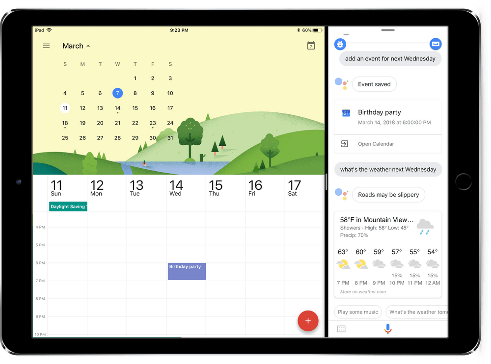 Google Assistant now runs on iPad, including side-by-side with Google Calendar.