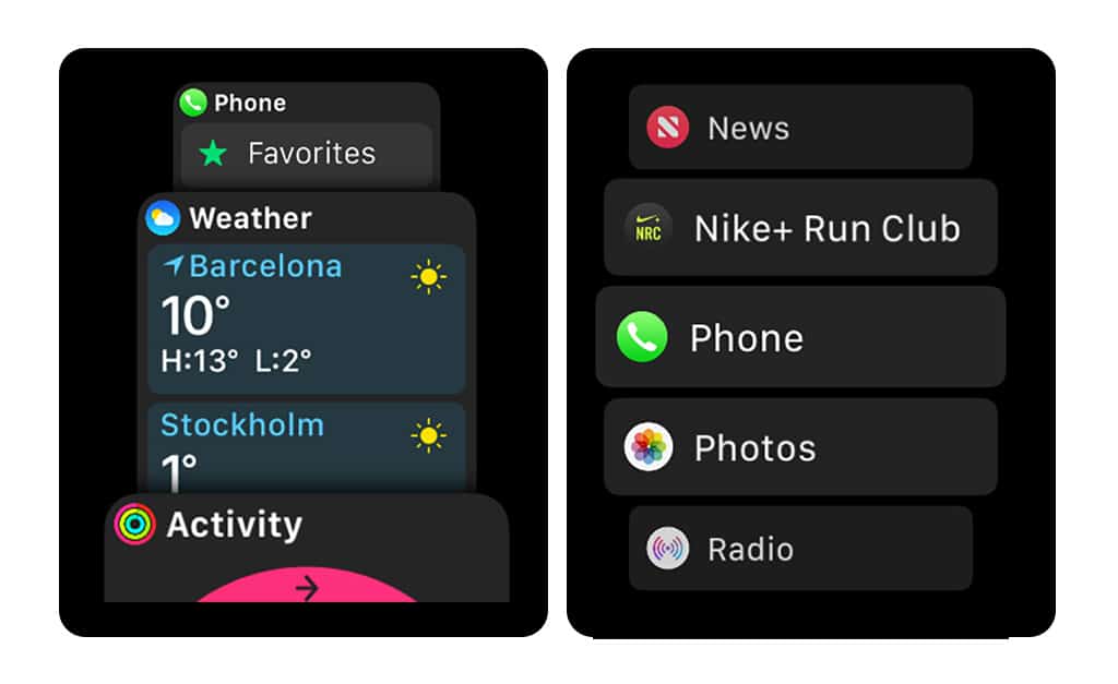 The app launcher list view and the dock look confusingly similar in watchOS 4