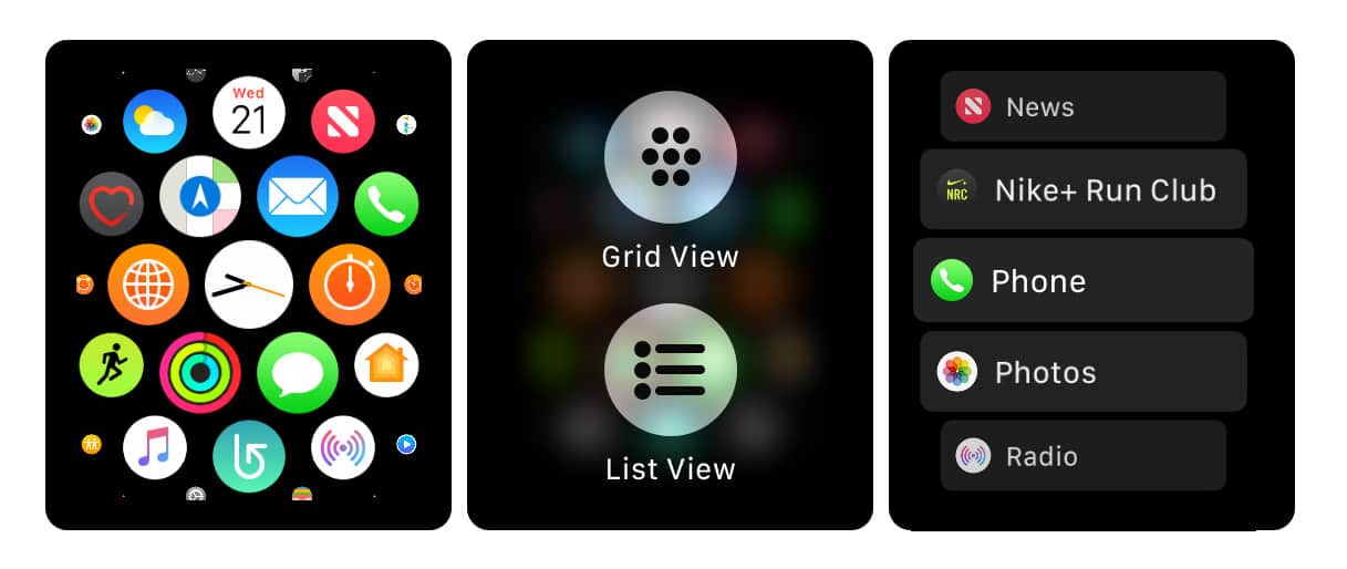 WatchOS offers two different views of the app launcher. Neither is perfect.