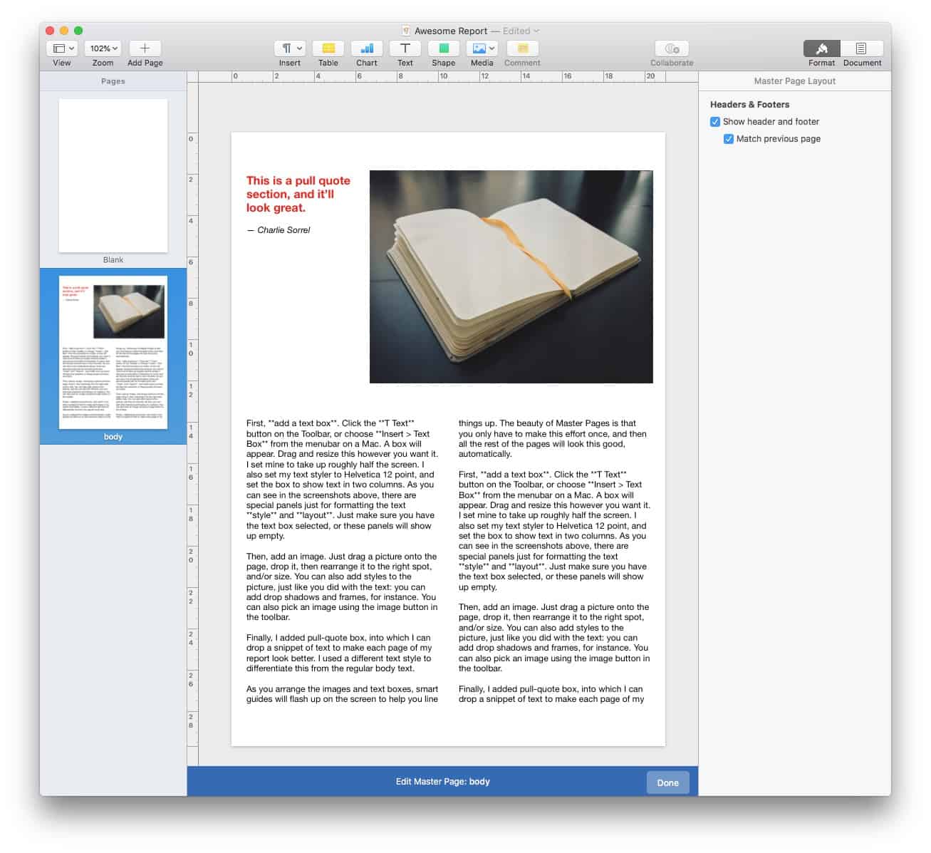 Master page template Using Master Page template in Pages 4.0.