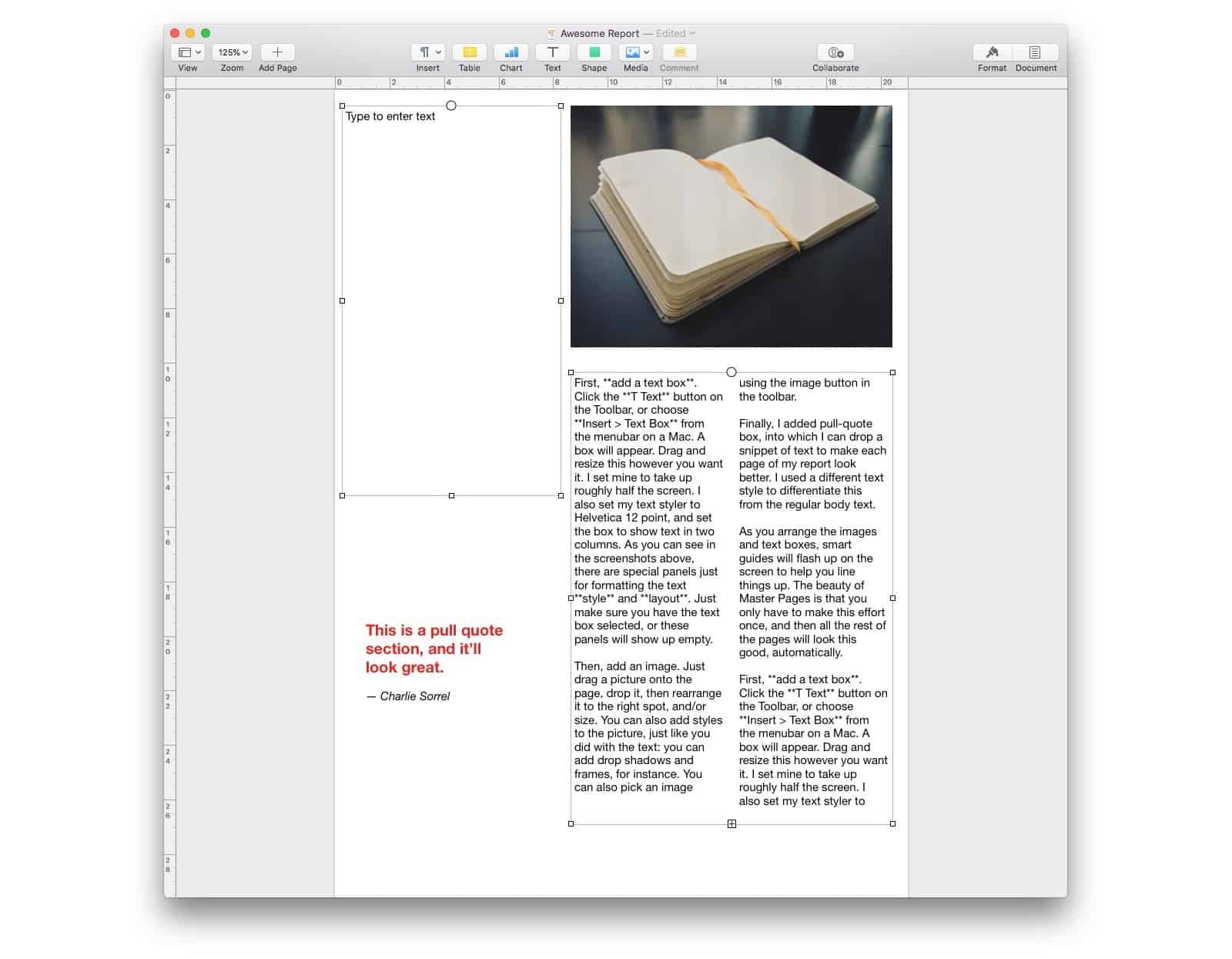 Here you see two text boxes in Pages for Mac, ready to be linked.