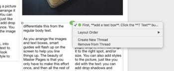Click the colored circle to work with text threads in Pages on Mac.