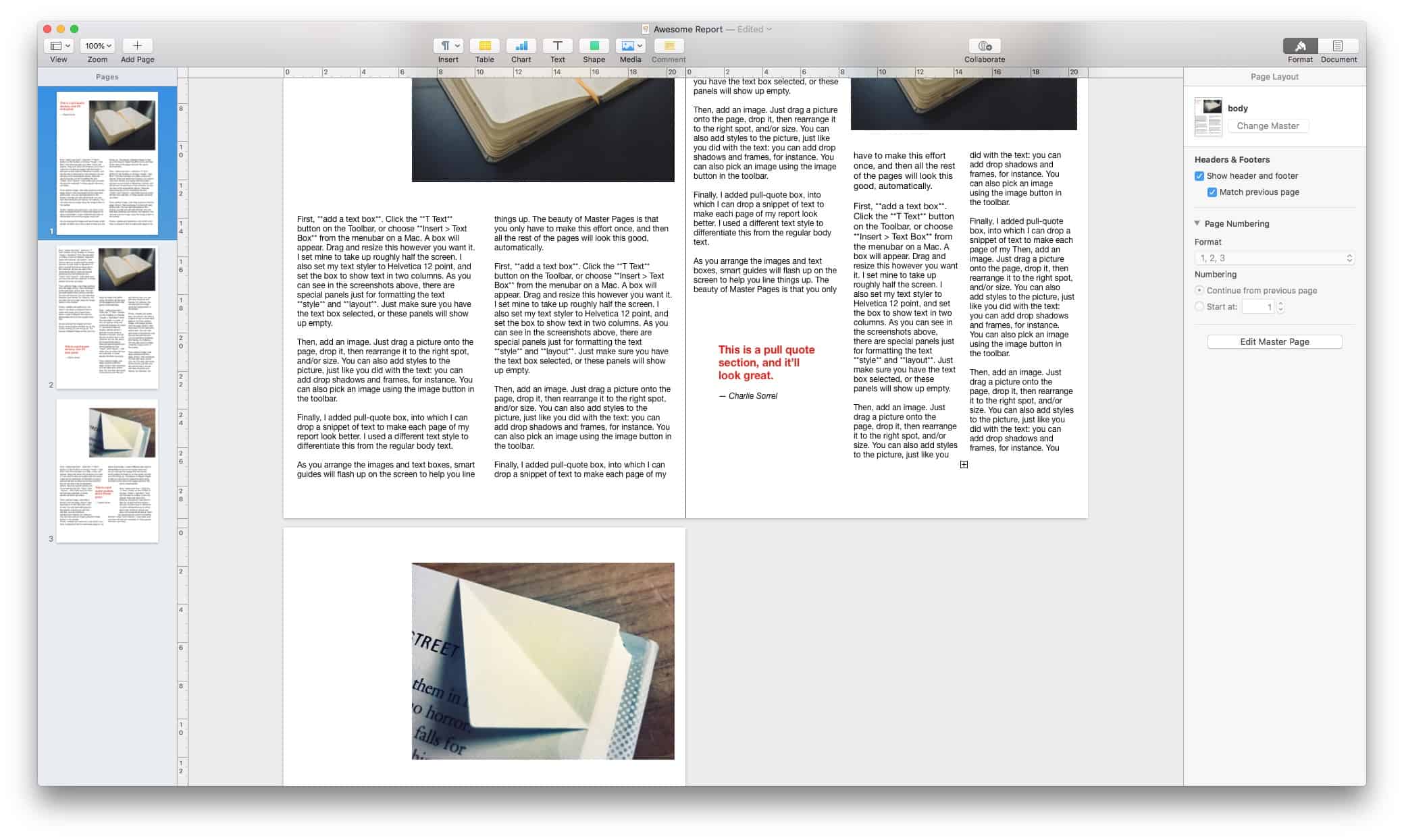 In Pages 4.0, you can set up a two-page view that helps you create a book report that looks good.