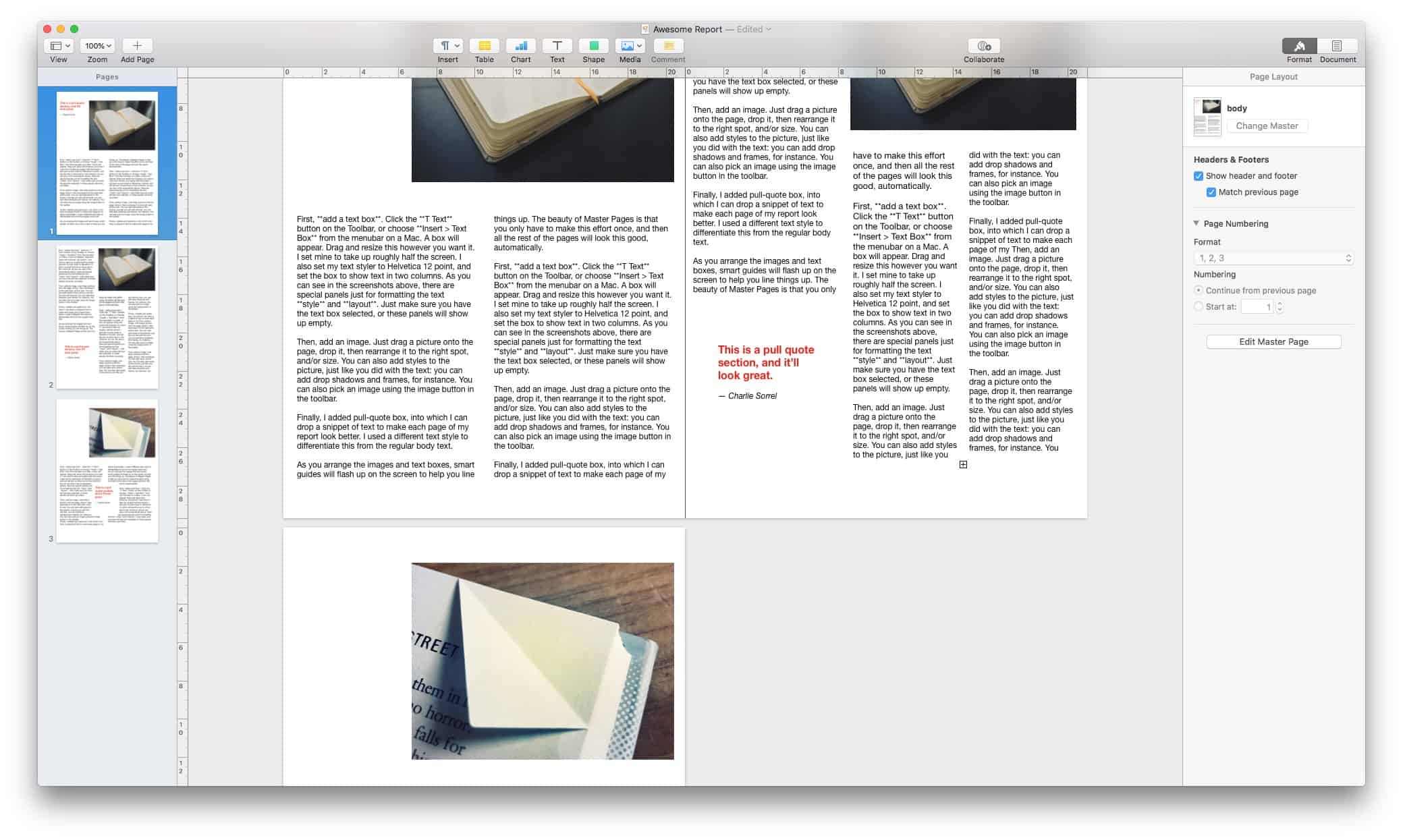 Two page view pages In Pages 4.0, you can set up a two-page view that helps you create a book report that looks good.