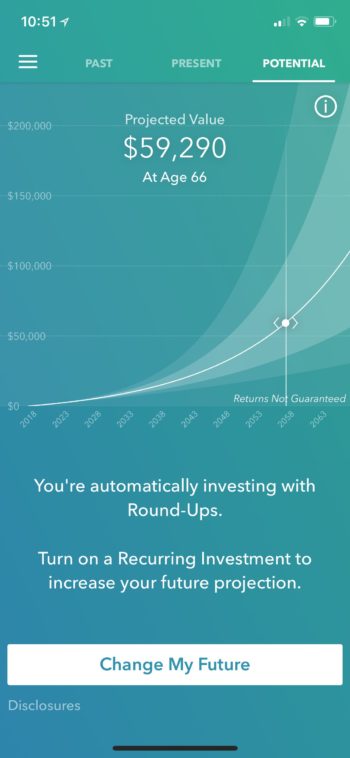 Acorns Acorns Projected Value Chart: The slick interface shows how the money you invest now will grow in the future.