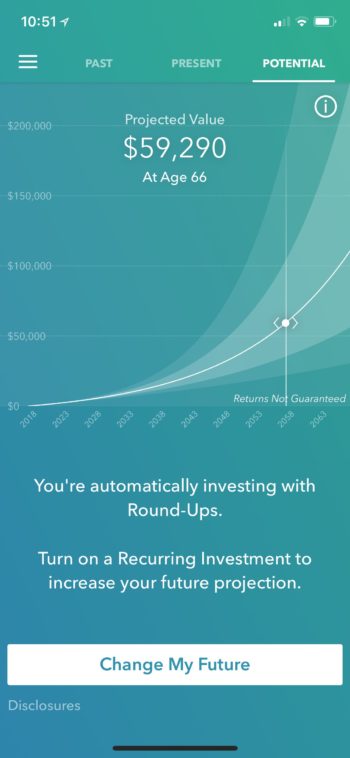 Acorns Projected Value Chart: The slick interface shows how the money you invest now will grow in the future.