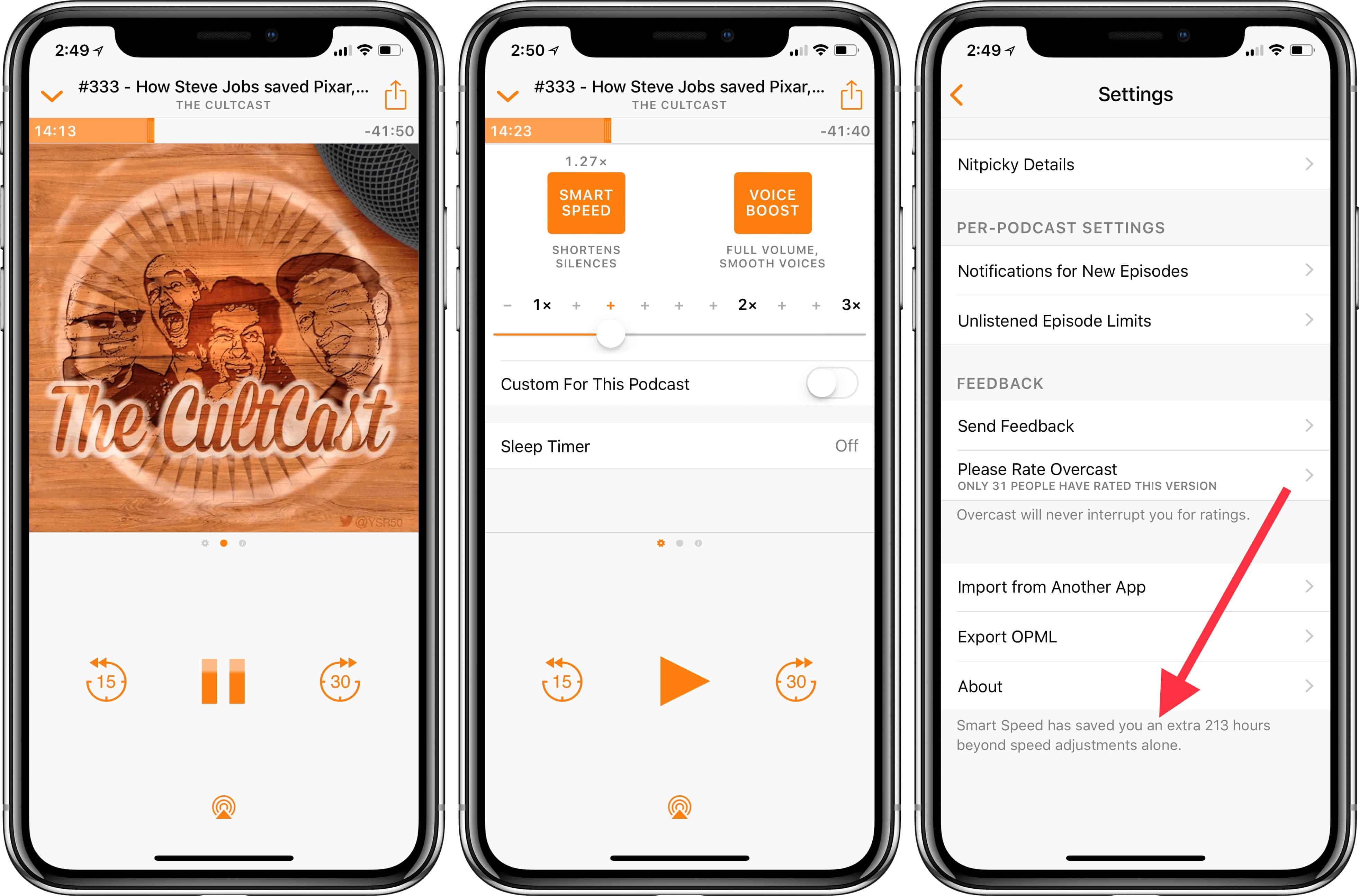 Overcast Smart Speed can speed up podcasts, saving you valuable listening time.