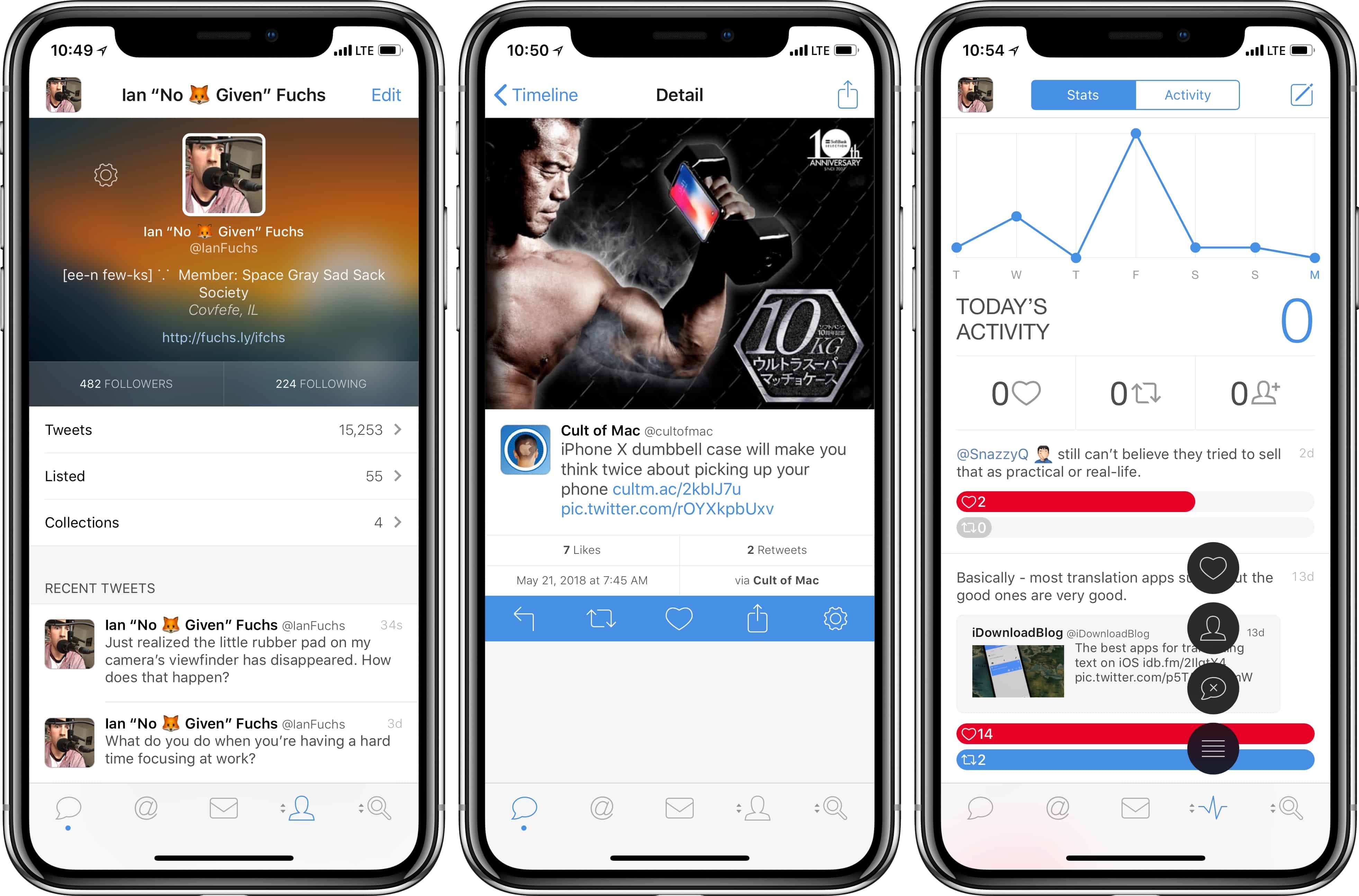 Tweetbot on iOS profile, tweet, and activity view