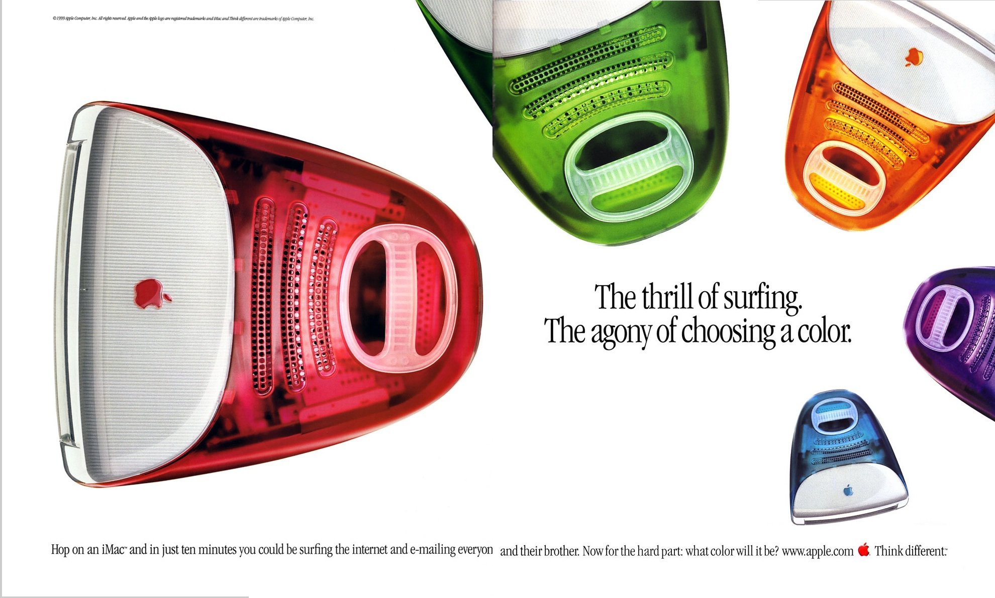 Vivid colors made the early iMac design stand out in a sea of beige. An iMac G3 ad, "The thrill of surfing."