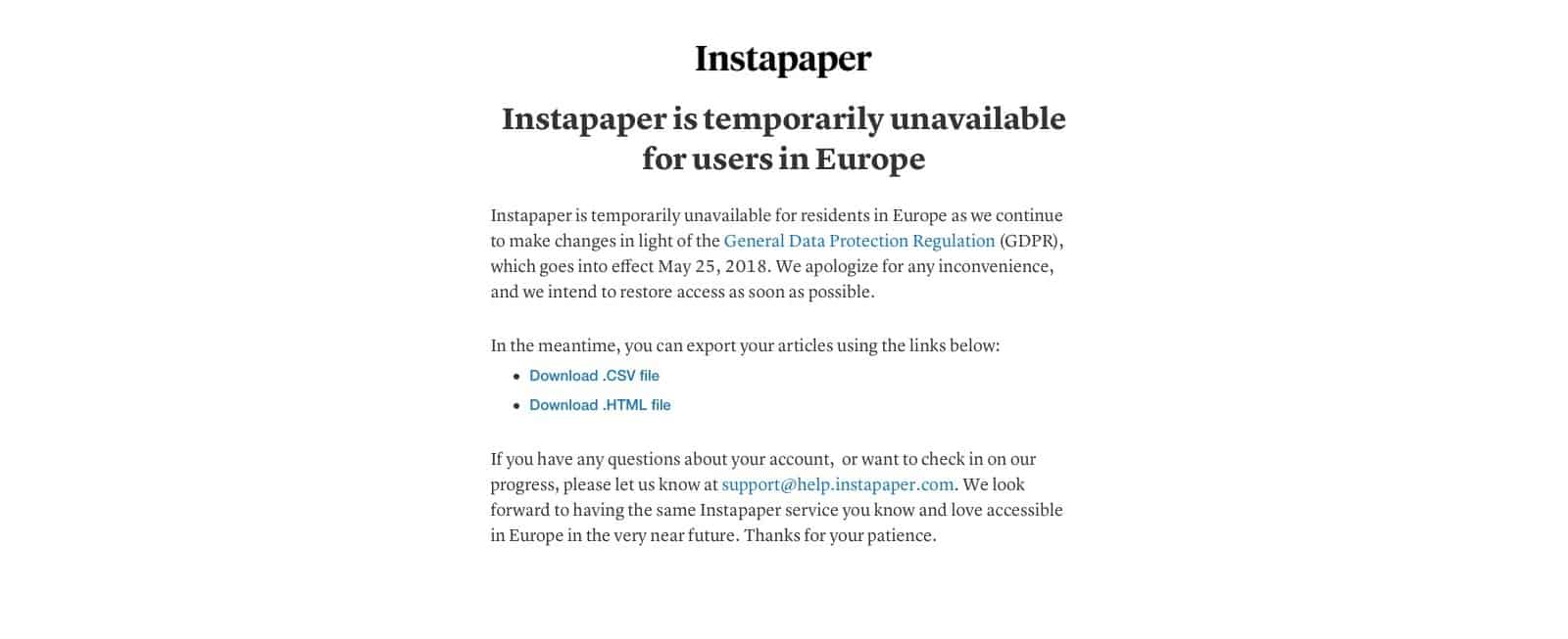Instapaper is unavailable to EU users.