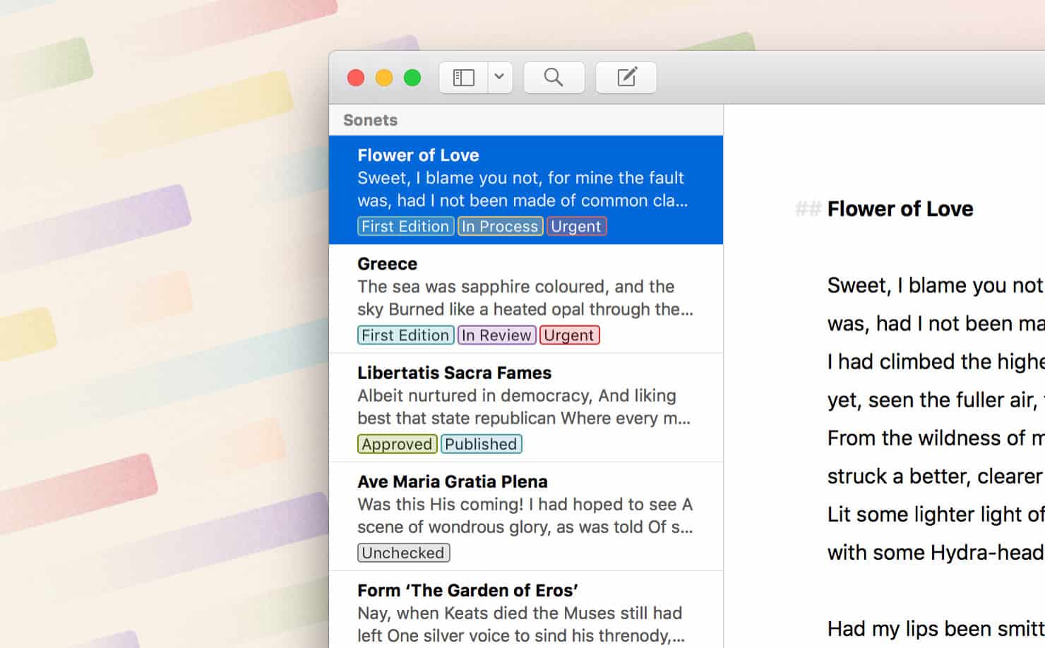 The Ulysses writing app adds colored keywords