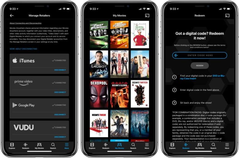 Movies Anywhere Services, Movies, and Redemption screen
