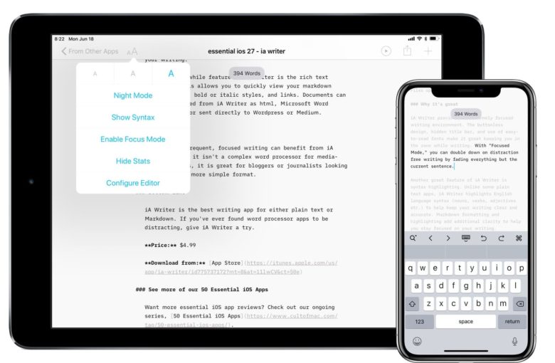 iA Writer on iPad and iPhone mode options