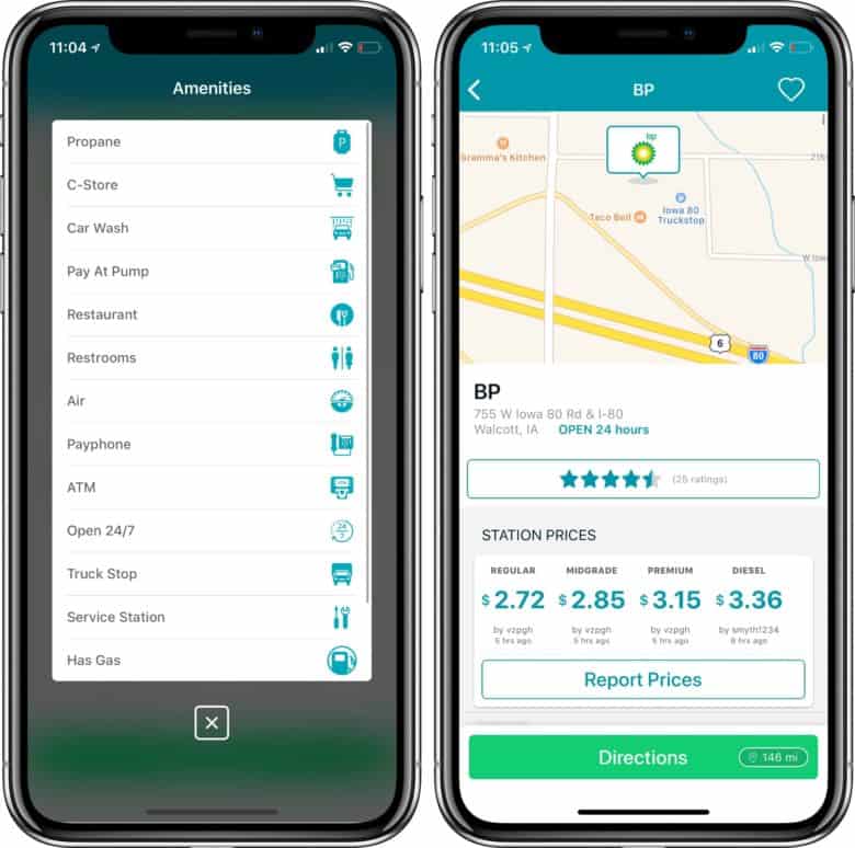 GasBuddy amenities and fuel prices screenshots