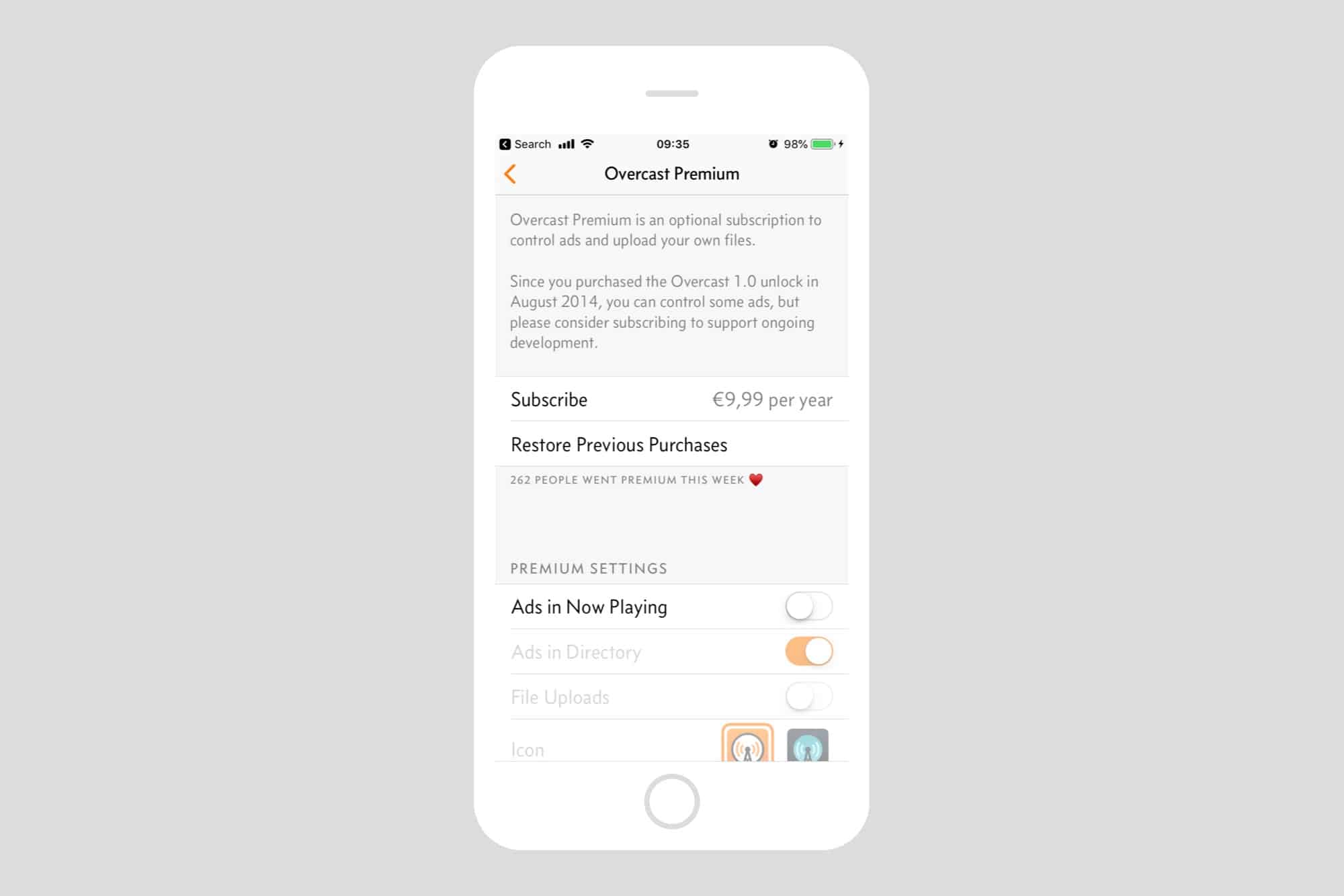 Activate your Overcast premium subscription in the iOS app.