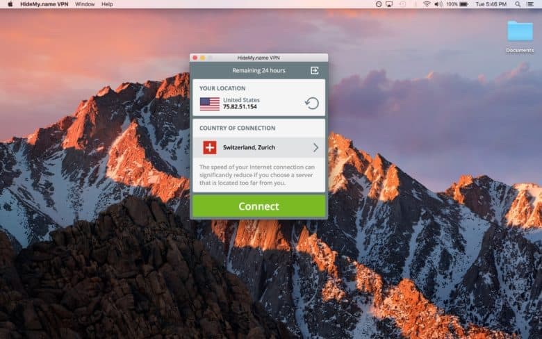 Screen Shot 2018-08-07 at 5.46.48 PM After installing and authorizing HideMy.name, just choose the country you want your IP to bounce through and connect.