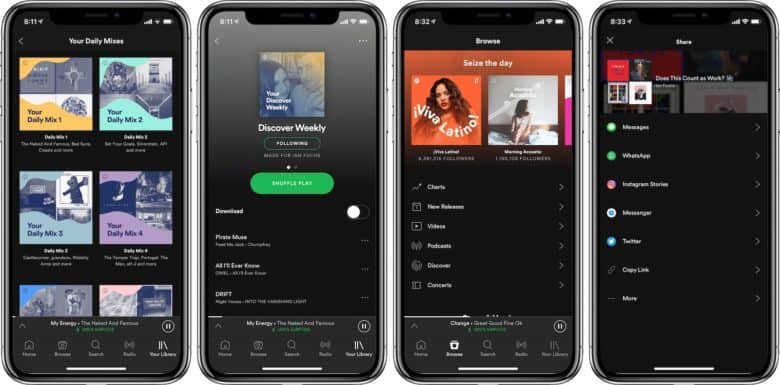 Spotify discover weekly, daily mix, playlists, and sharing features