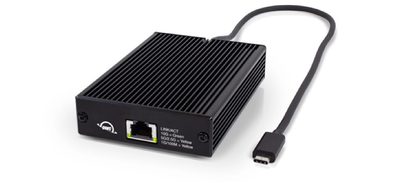OWC offers an adapter for your MacBook's Thunderbolt 3 port to connect to 10Gbps Ethernet networks.