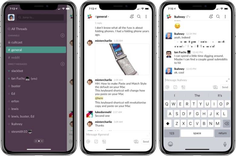 Slack app screenshots channel list, group and private dm