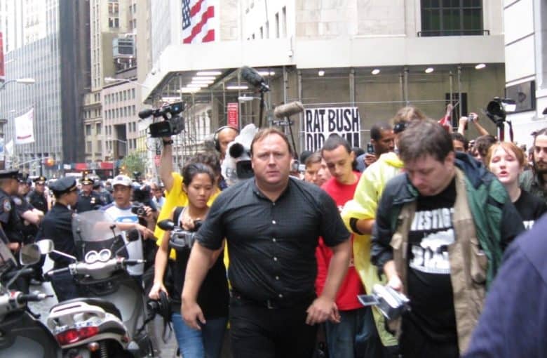 Alex Jones at a rally of people claiming the 9/11 terror attacks were carried out by the U.S. government.