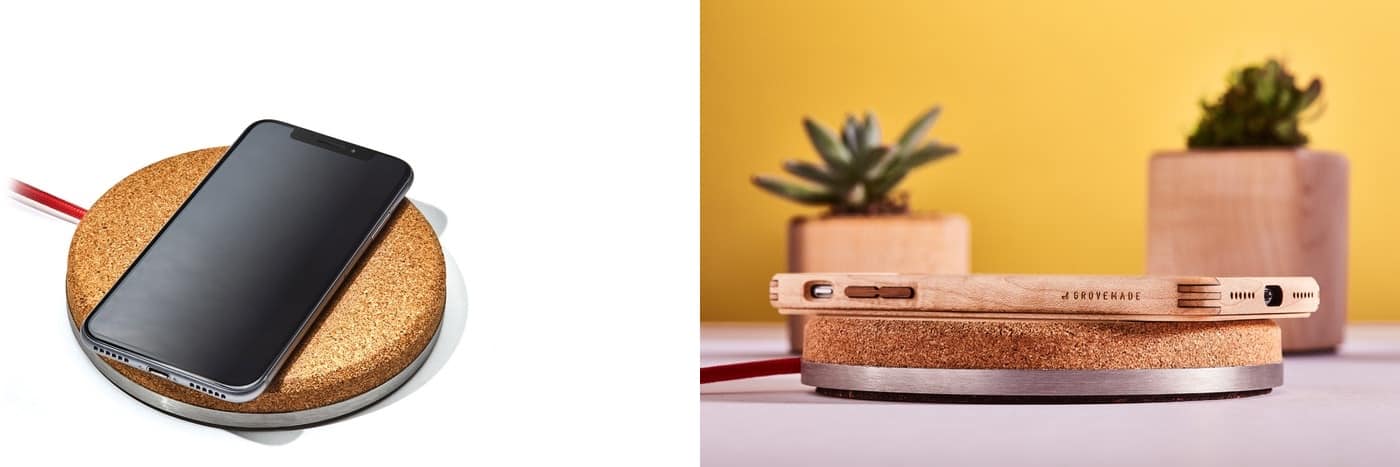 The Grovemade coaster iPhone XS charger.