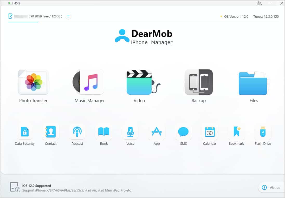 The DearMob iPhone Manager interface leaves no question about what data you're transferring or backing up