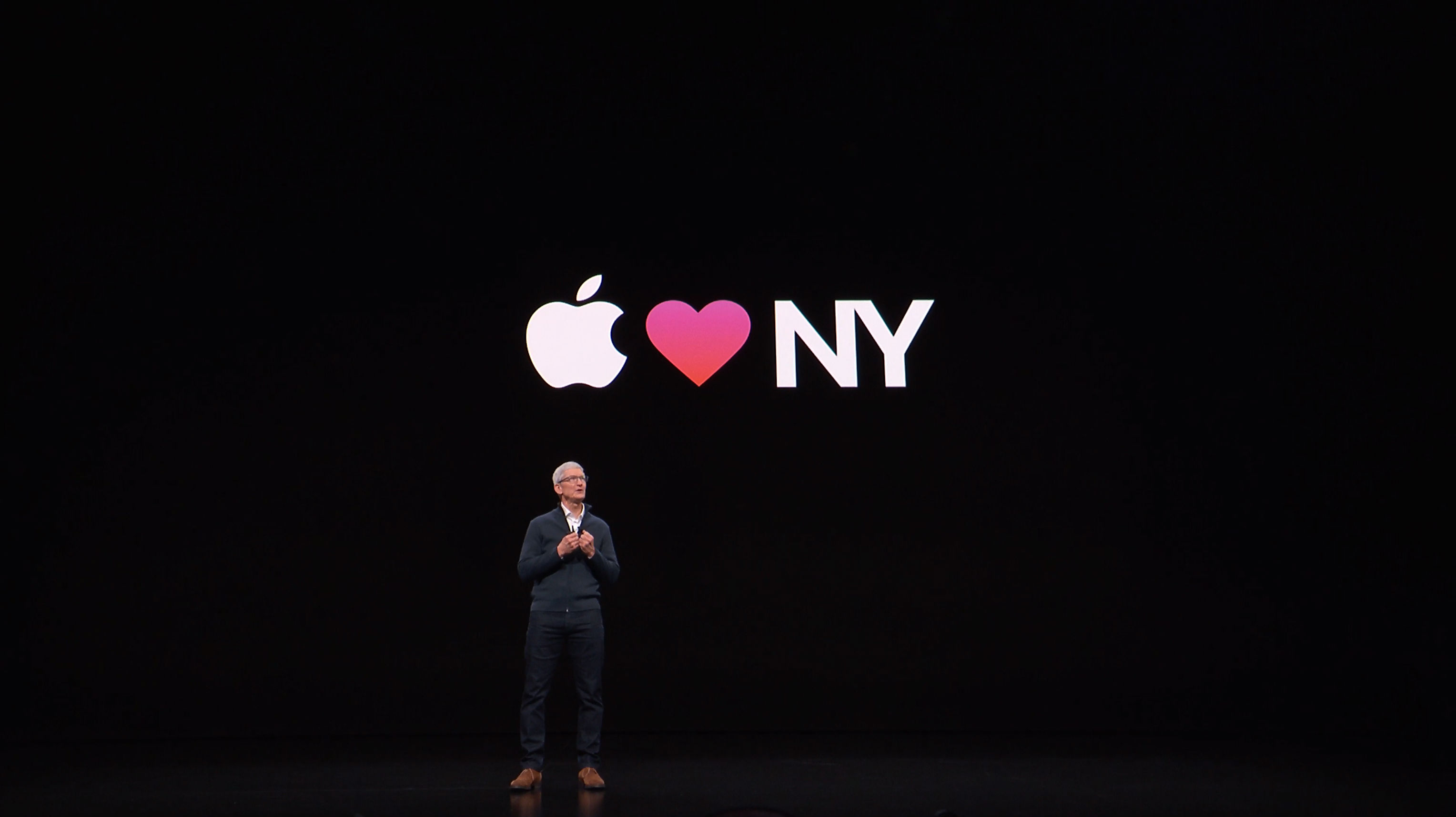 Tim Cook gets ready to open a can of Mac and iPad whoop-ass at the "There's More in the Making" event in Brooklyn, New York.