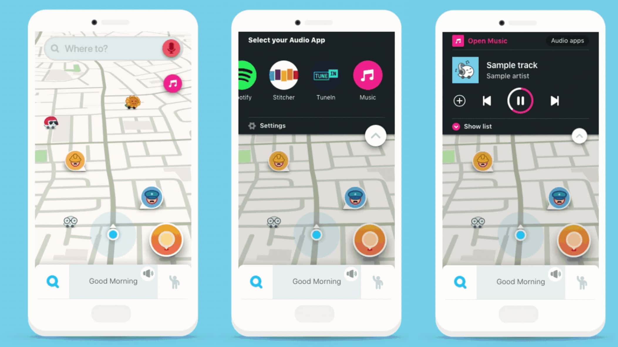 The Waze Audio Player puts podcast controls right next to your driving directions.