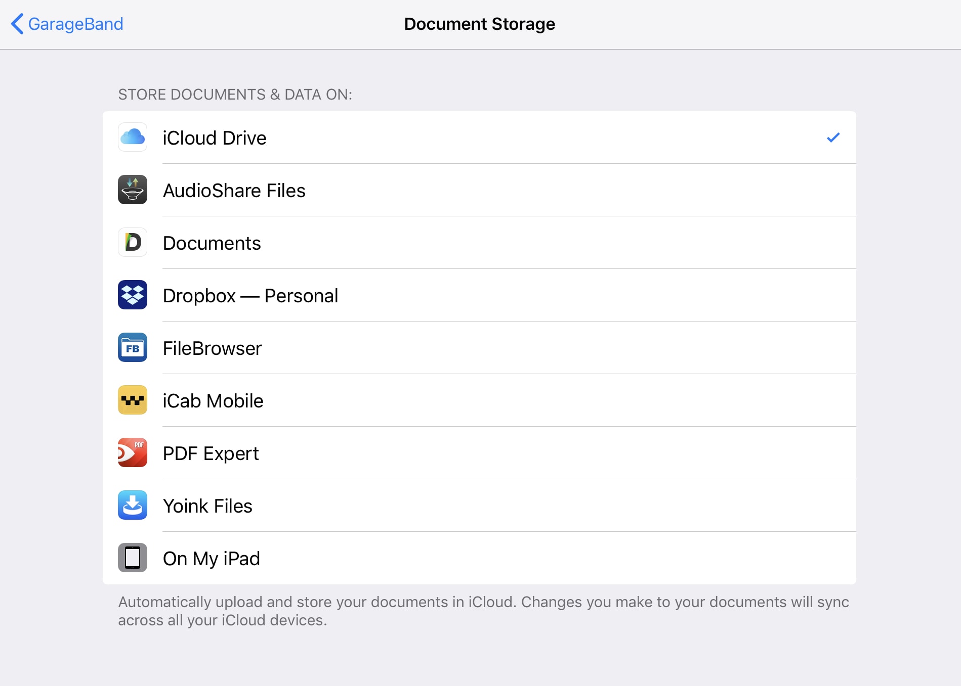 GarageBand’s Document Storage settings.