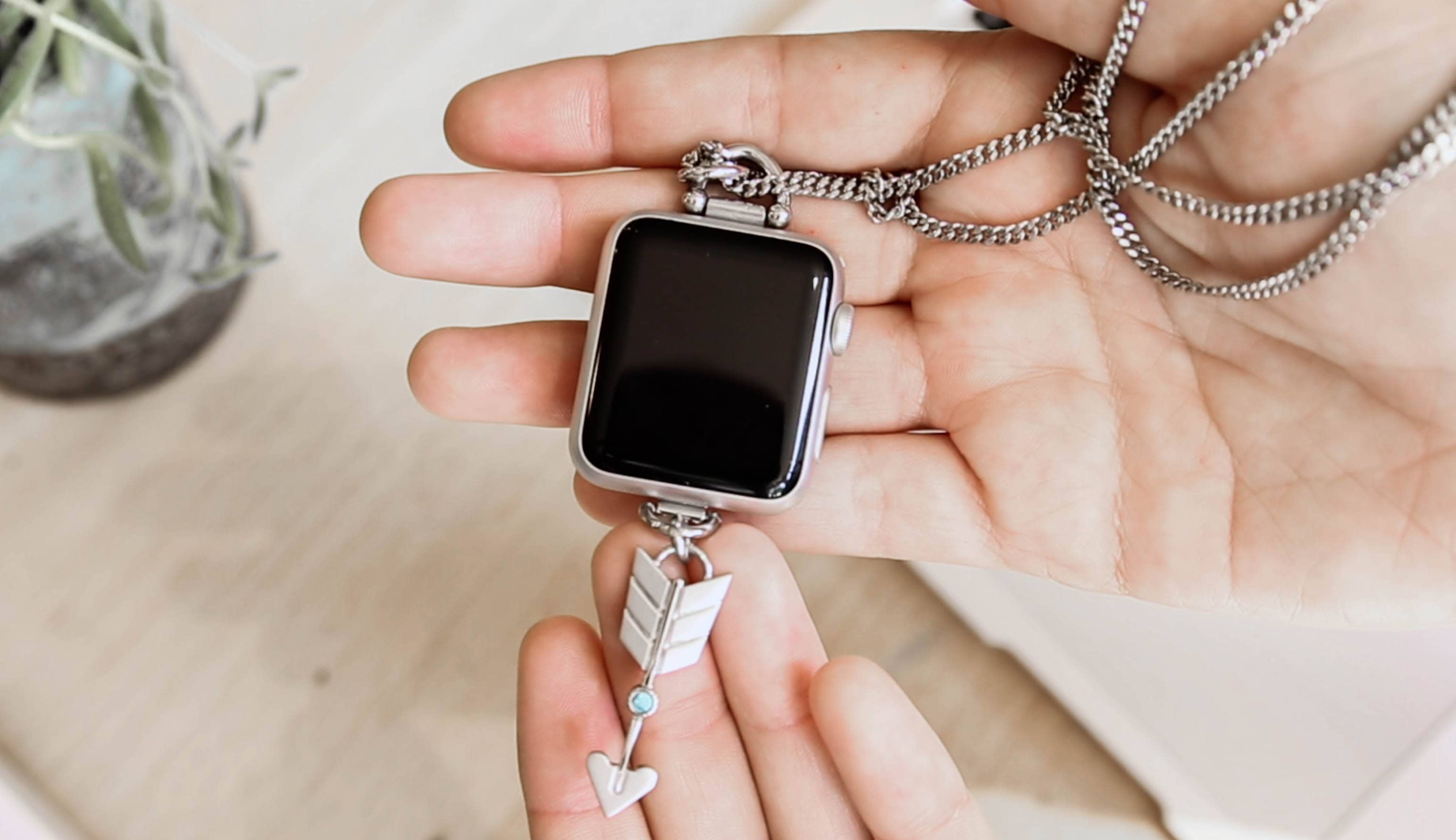 Wear your Apple Watch in a unique way with the brand-new Silver Arrow Charm Necklace by Bucardo.