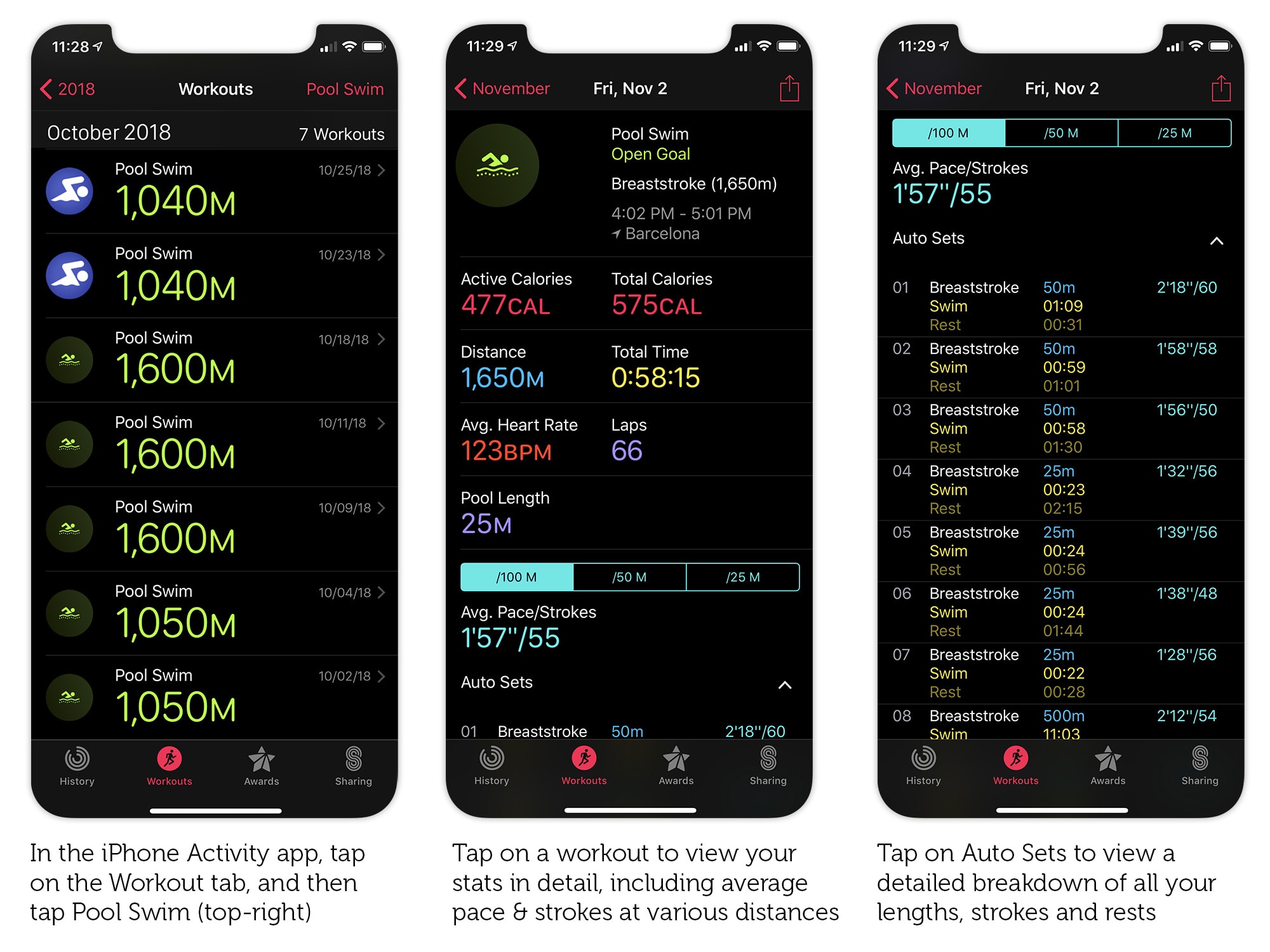 Get a detailed summary of your swimming workout in the Activity app.