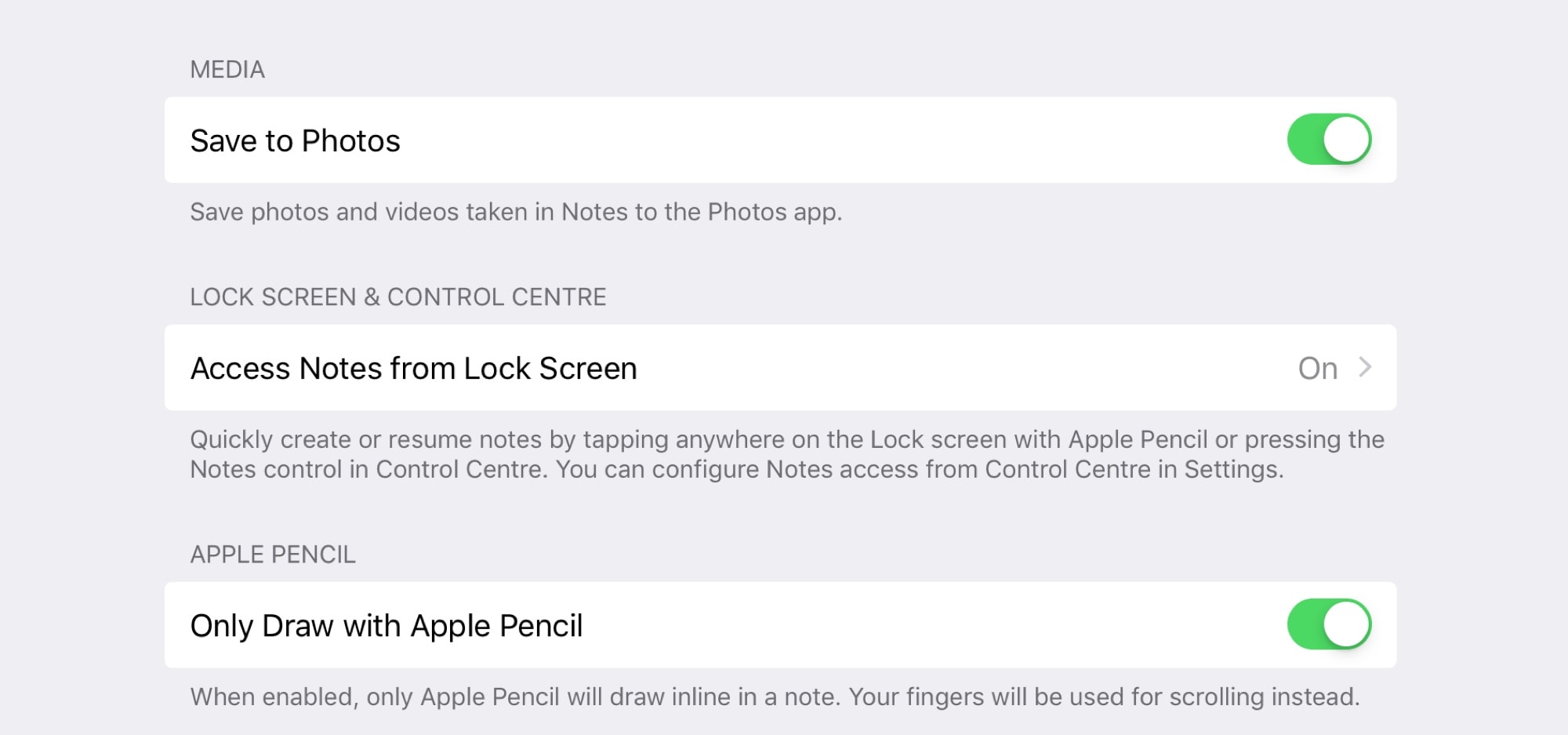These are the Apple Pencil settings for the Notes app.