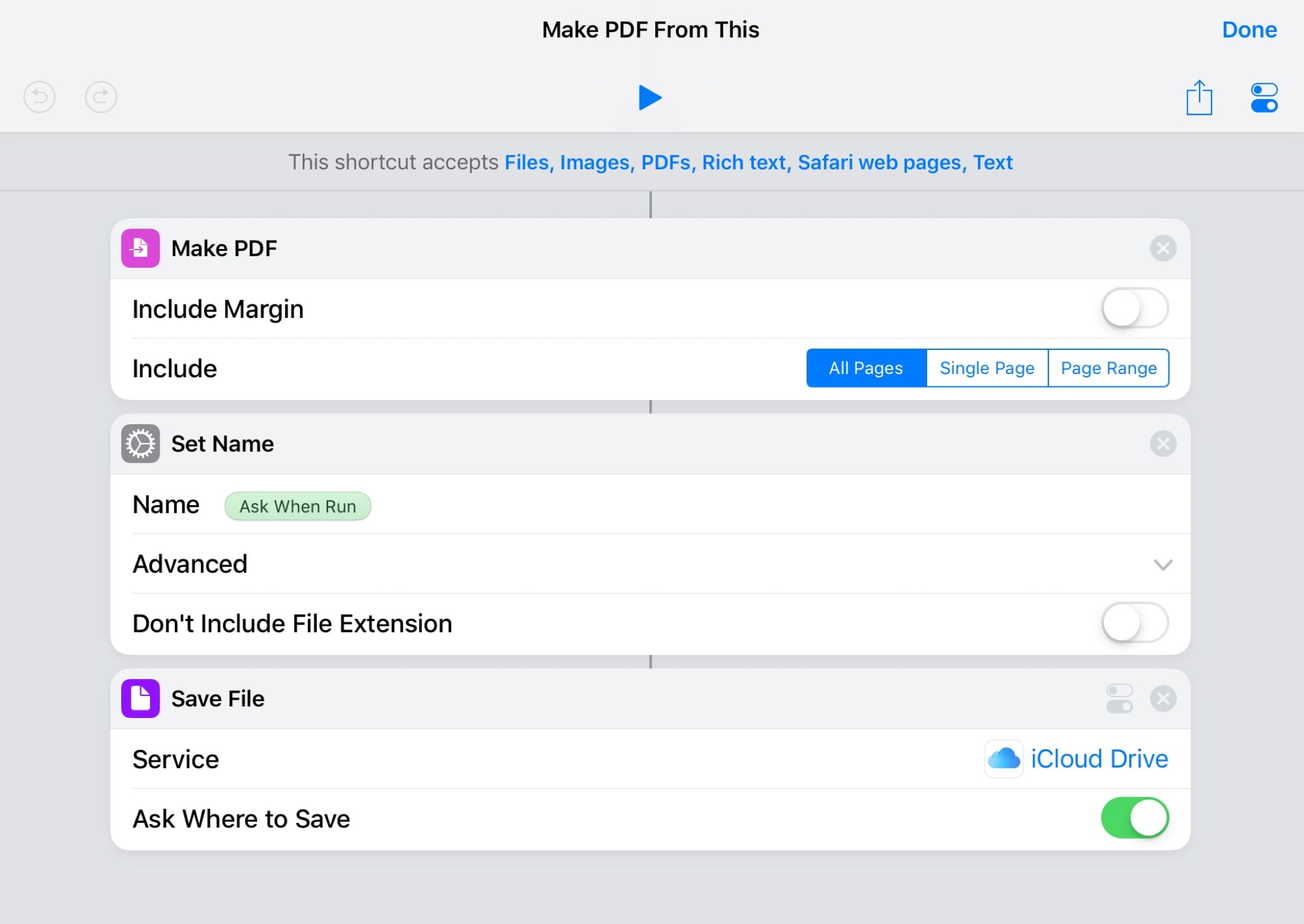This shortcut combines multiple files into one PDF.