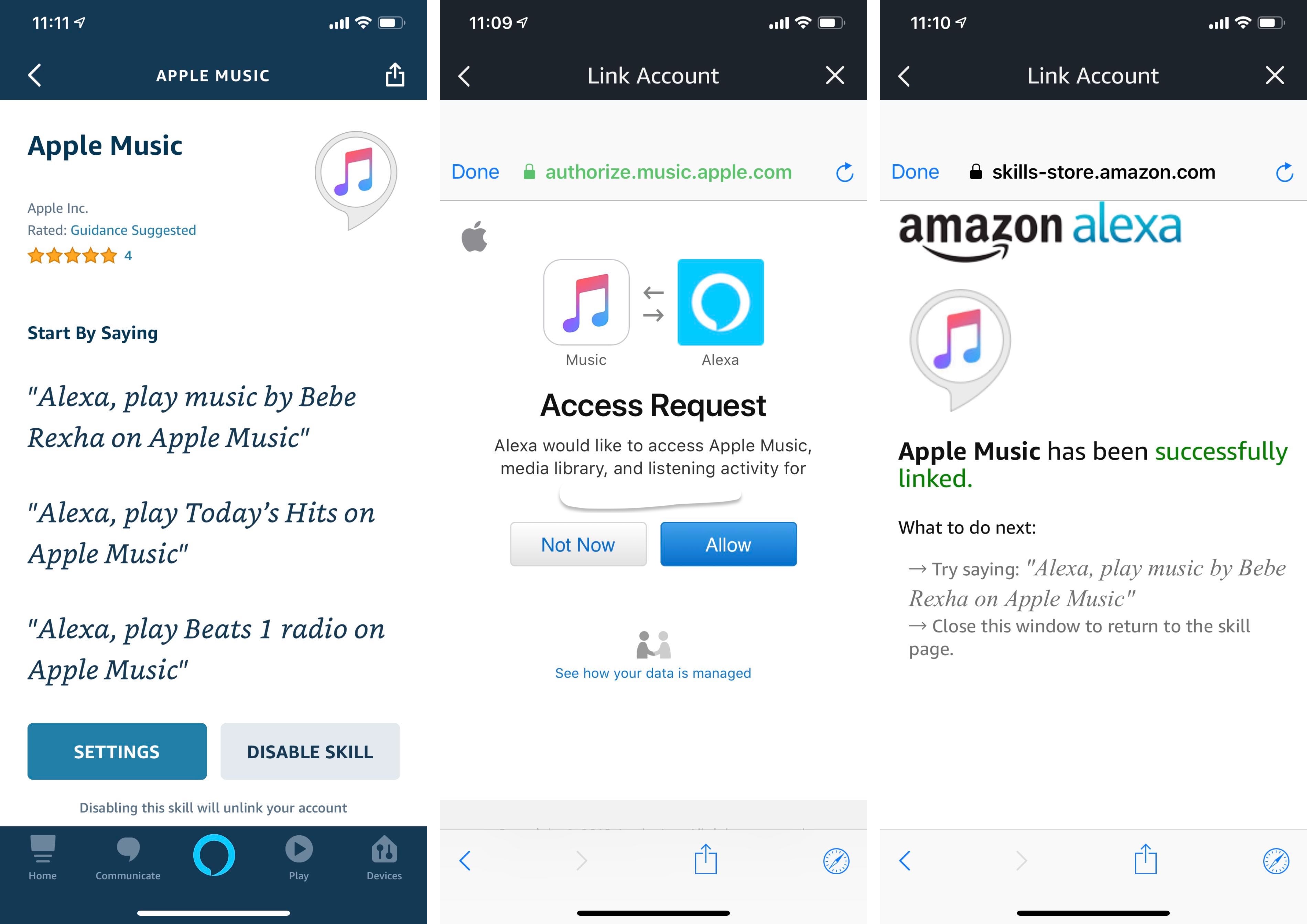 Just a couple taps and you're done setting up Apple Music on Amazon Echo speakers