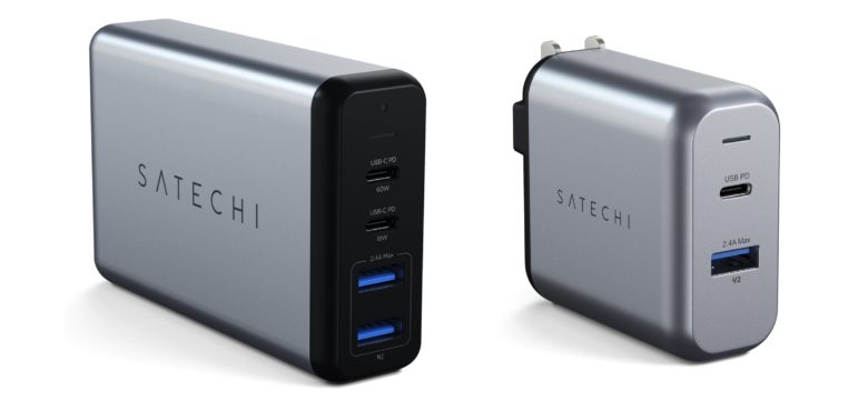 The Satechi 75W Dual Type-C PD Travel Charger next to the 30W Dual-Port Wall Charger.