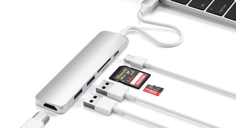 The Satechi Slim Aluminum Type-C Multi-Port Adapter V2 was designed for a MacBook but works with iPad Pro too.