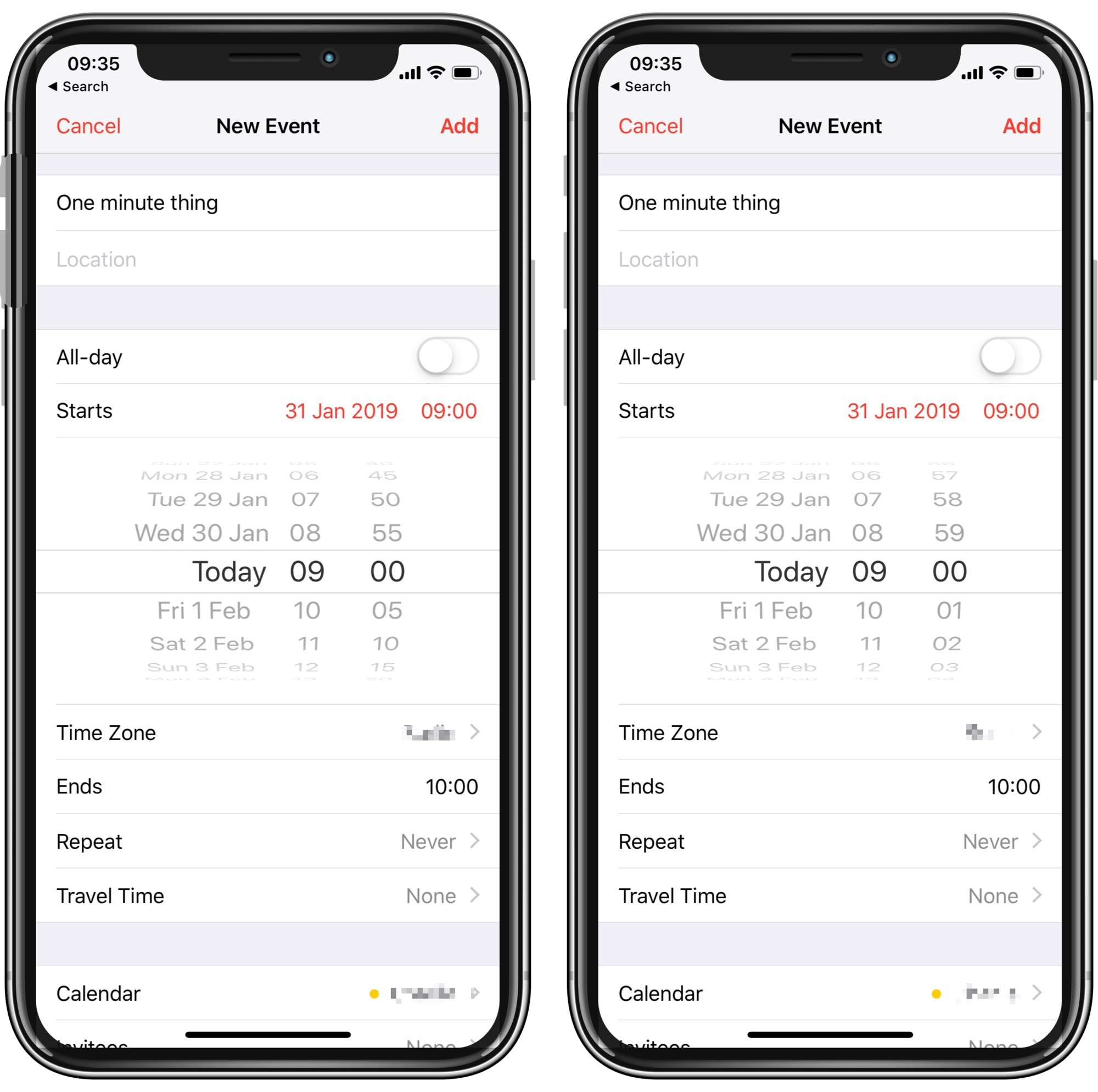 How to activate a per-minute time picker in the Calendar app. Spot the difference.