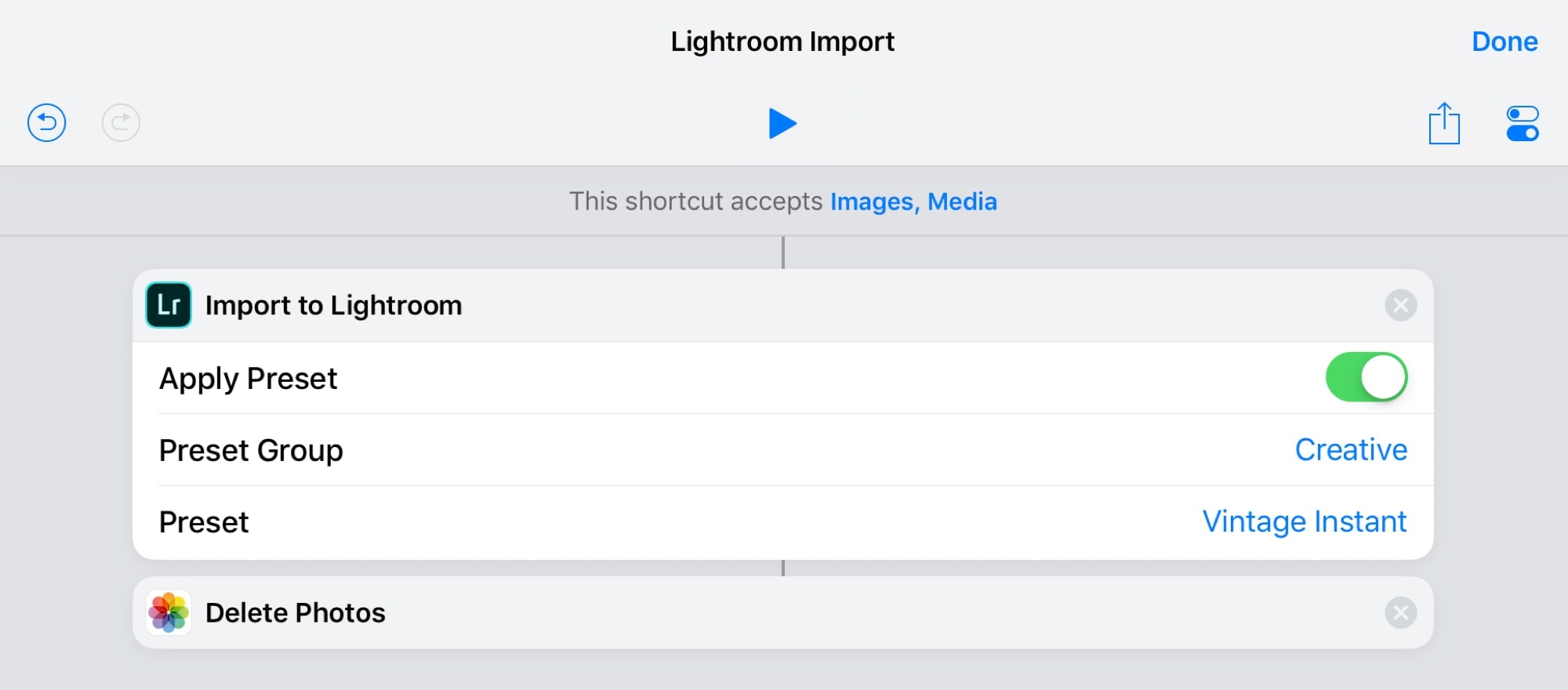 Import presets in Lightroom’s shortcut.