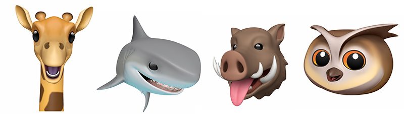The new Animoji of iOS 12.2: giraffe, shark, boar and owl.
