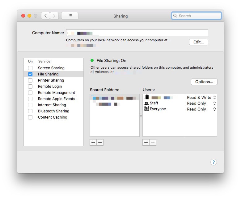 Check File Sharing, and then click Options…