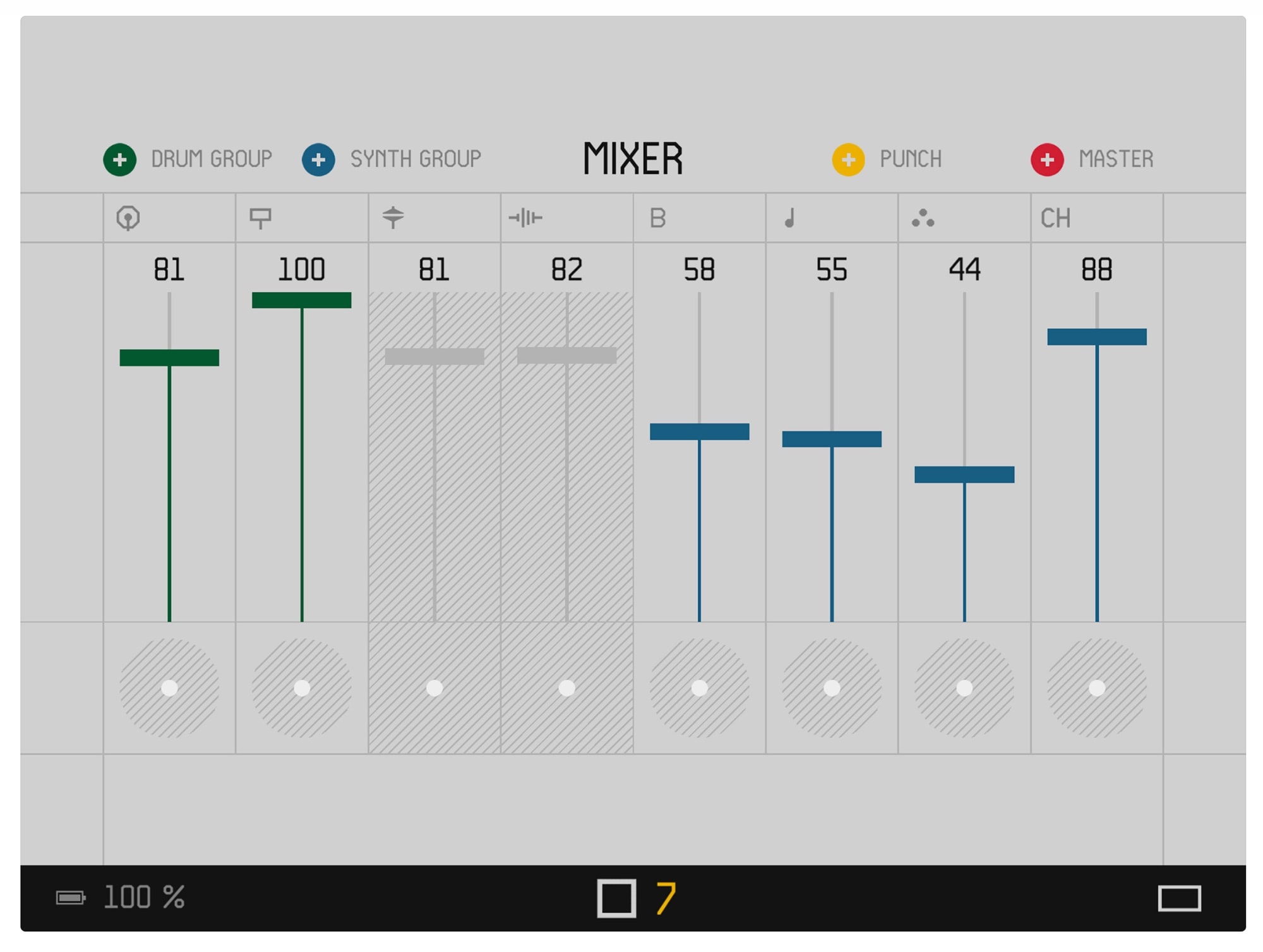 The OP-Z app’s mixer page.