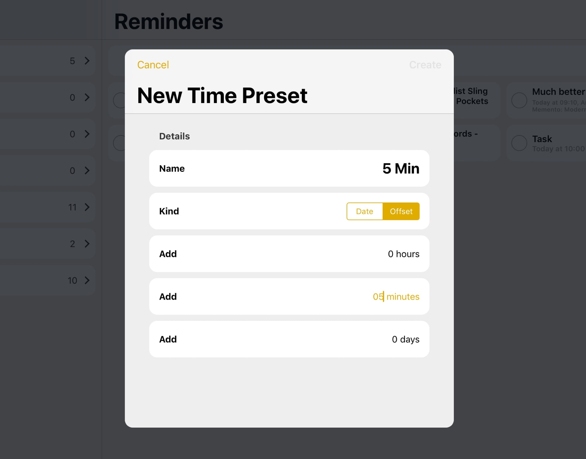 Creating new timer presets is simple with the Memento reminders app.