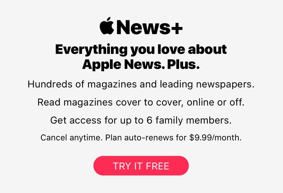 Apple News+ signup screen