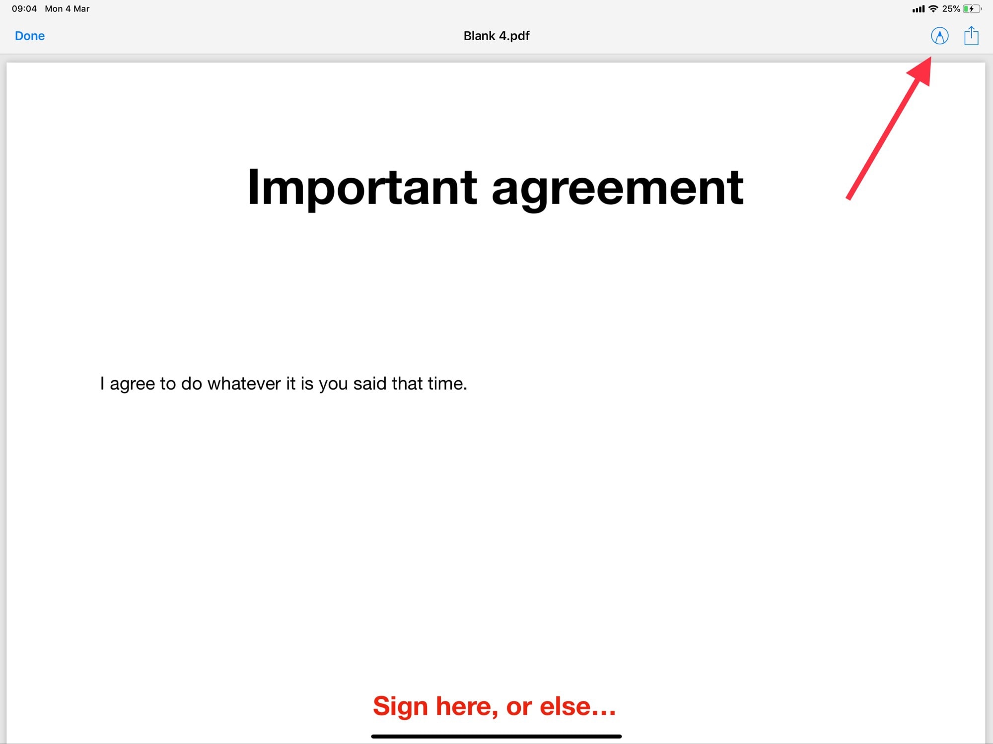 Tap the Instant Markup button to sign the PDF form.