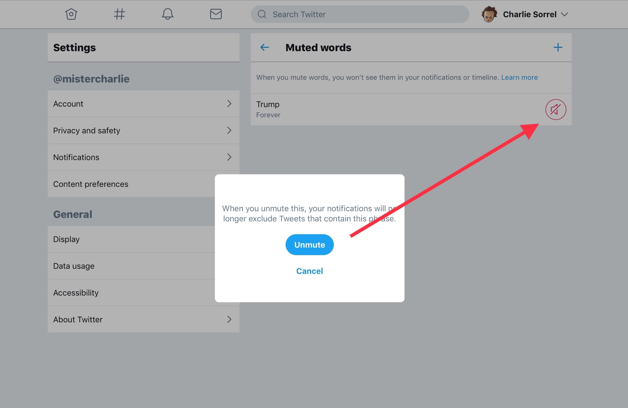 Unmute Twitter keywords by tapping the red mute button.