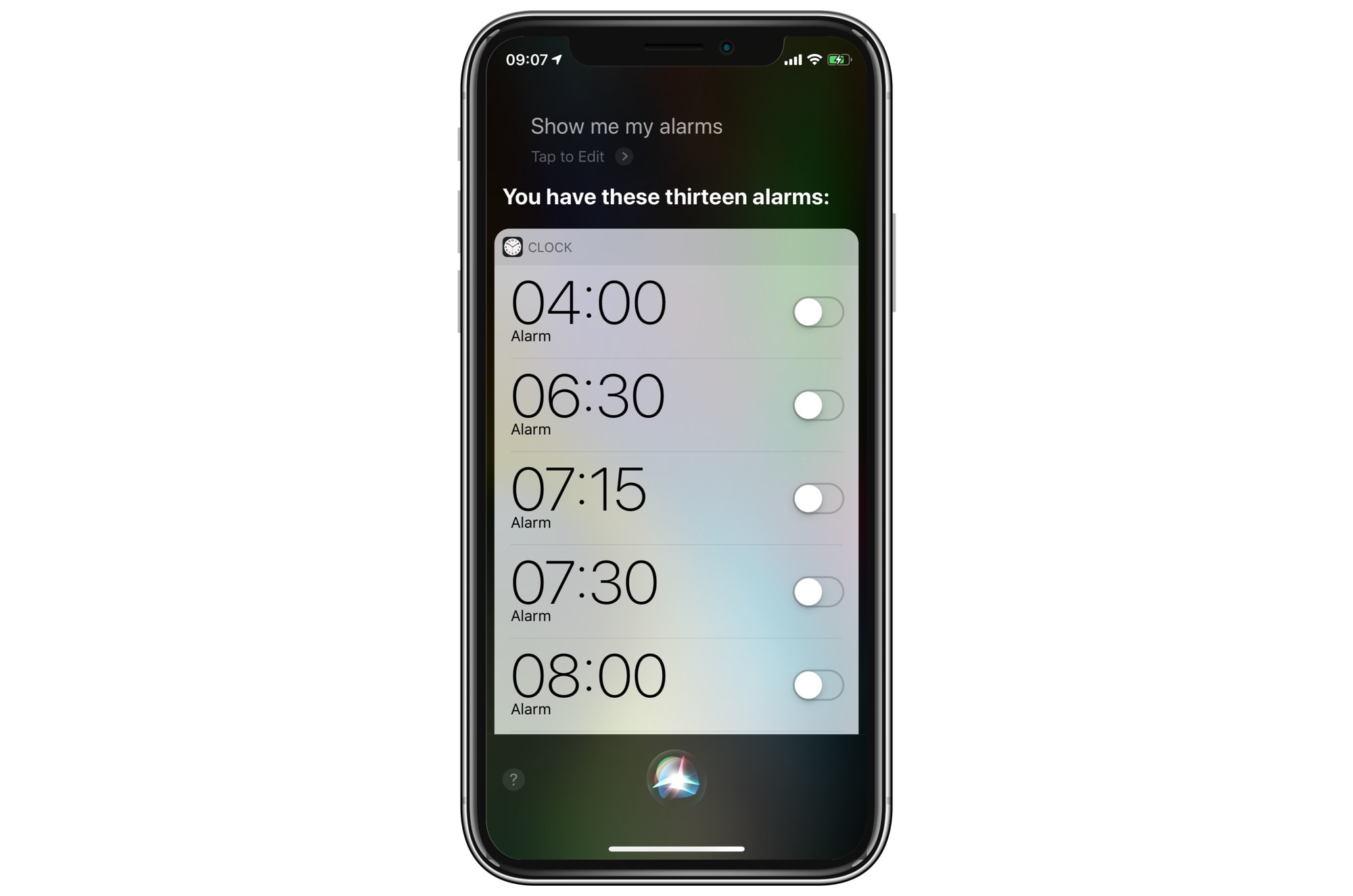 Siri can show you all your alarms.